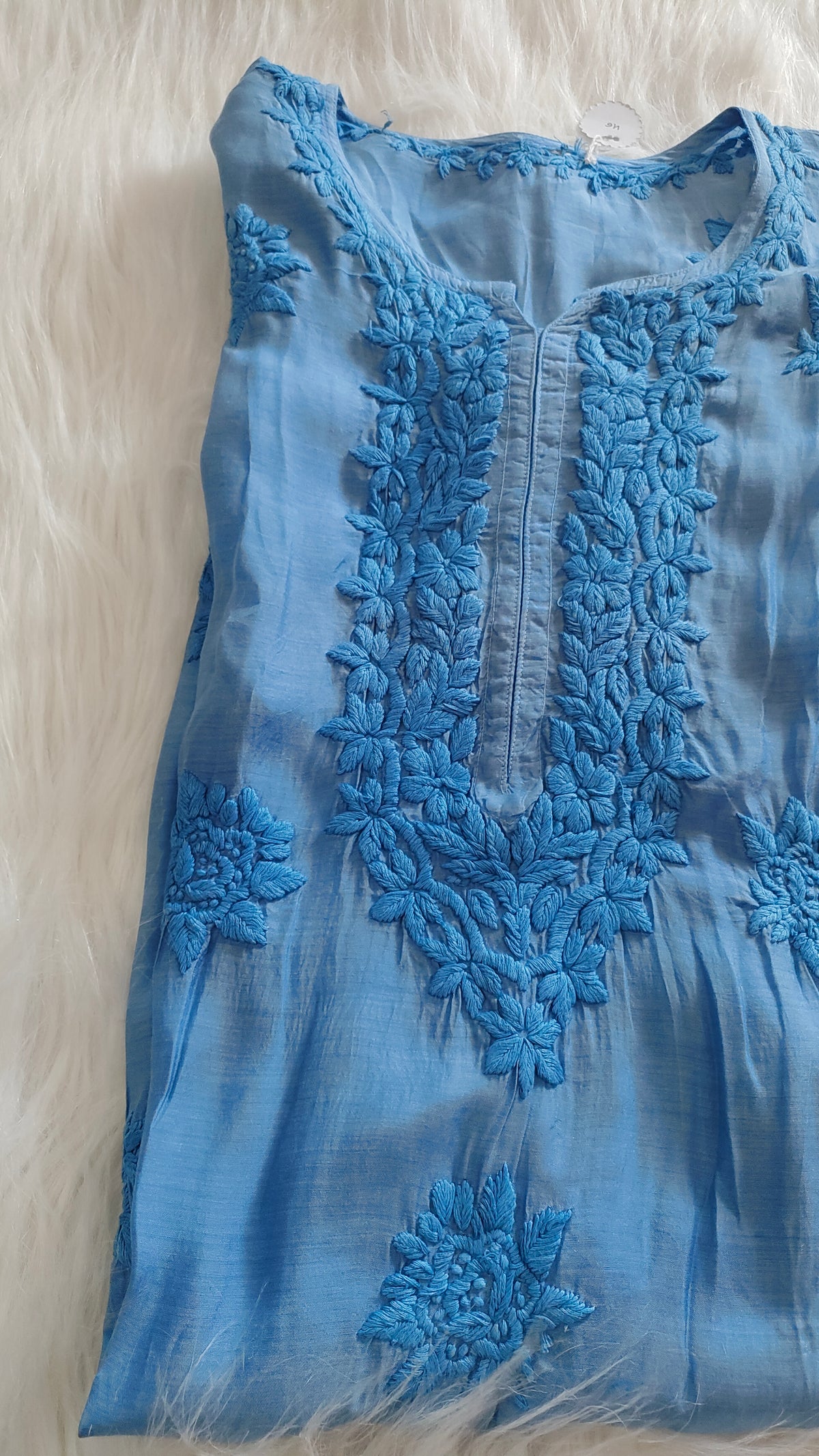 Sunflower soft blue silk long kurta with intricate Chikankari embroidery by LVW Fashions, handmade in Lucknow.
