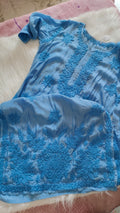 Sunflower Soft Blue silk Chikankari long kurta by LVW Fashions, handmade Lucknow Chikankari with intricate embroidery.