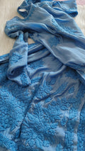 Sunflower Soft Blue silk long kurta with intricate handmade Lucknow Chikankari embroidery by LVW Fashions.