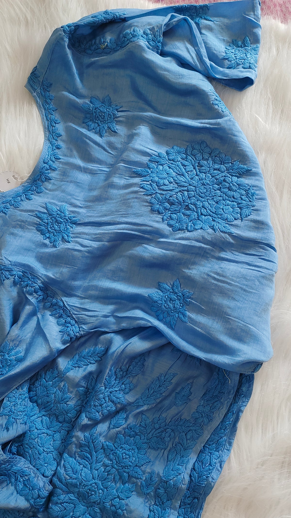 Soft blue Sunflower silk long kurta with intricate Lucknow chikankari embroidery by LVW Fashions, handmade traditional Indian attire.