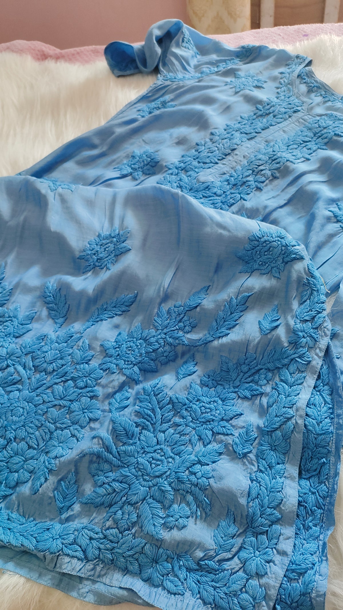 Sunflower soft blue premium silk Chikankari long kurta by LVW Fashions, handmade Lucknow Chikankari with intricate embroidery.