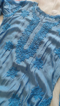 Sunflower soft blue premium silk Chikankari long kurta by LVW Fashions, handcrafted Lucknow Chikankari with intricate embroidery.