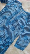 Sunflower soft blue silk long kurta with intricate handmade Chikankari embroidery, crafted by LVW Fashions in Lucknow.