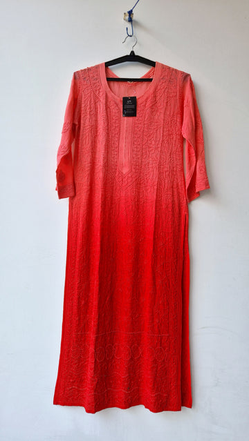 Sunset orange LVW Fashions Premium Georgette Chikankari long Kurti with intricate handmade Lucknow Chikankari embroidery.