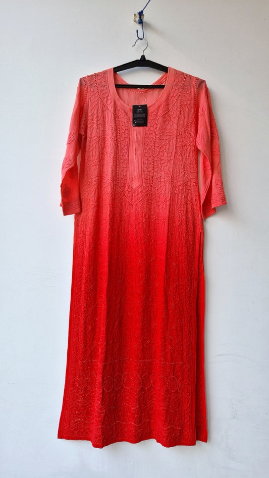 Sunset orange LVW Fashions Premium Georgette Chikankari long Kurti with intricate handmade Lucknow Chikankari embroidery.