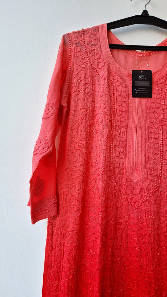 Sunset orange premium georgette Chikankari long kurti by LVW Fashions, handmade Lucknow Chikankari with intricate embroidery.