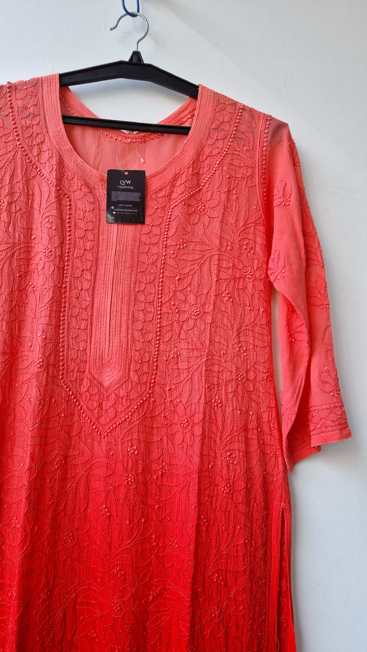 Sunset orange premium georgette long Kurti with intricate handmade Lucknow chikankari embroidery by LVW Fashions.