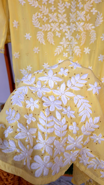 Sunshine yellow premium silk Chikankari long kurti with mukaish embroidery from LVW Fashions, handmade Lucknow Chikankari kurta.