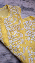 Sunshine yellow silk chikankari long kurti with mukaish embroidery, handmade by LVW Fashions, featuring traditional Lucknow chikankari.