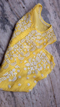 Sunshine yellow silk chikankari long kurti with mukaish embroidery, handmade by LVW Fashions, featuring traditional Lucknow chikankari details.