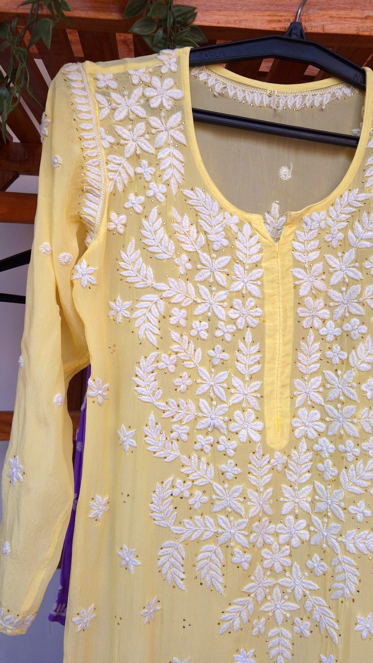 Sunshine yellow silk long Kurti with intricate Lucknow chikankari and mukaish embroidery, handmade by LVW Fashions.