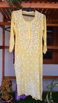 Sunshine yellow handmade silk chikankari long kurti with mukaish embroidery by LVW Fashions, featuring intricate Lucknow chikankari design.