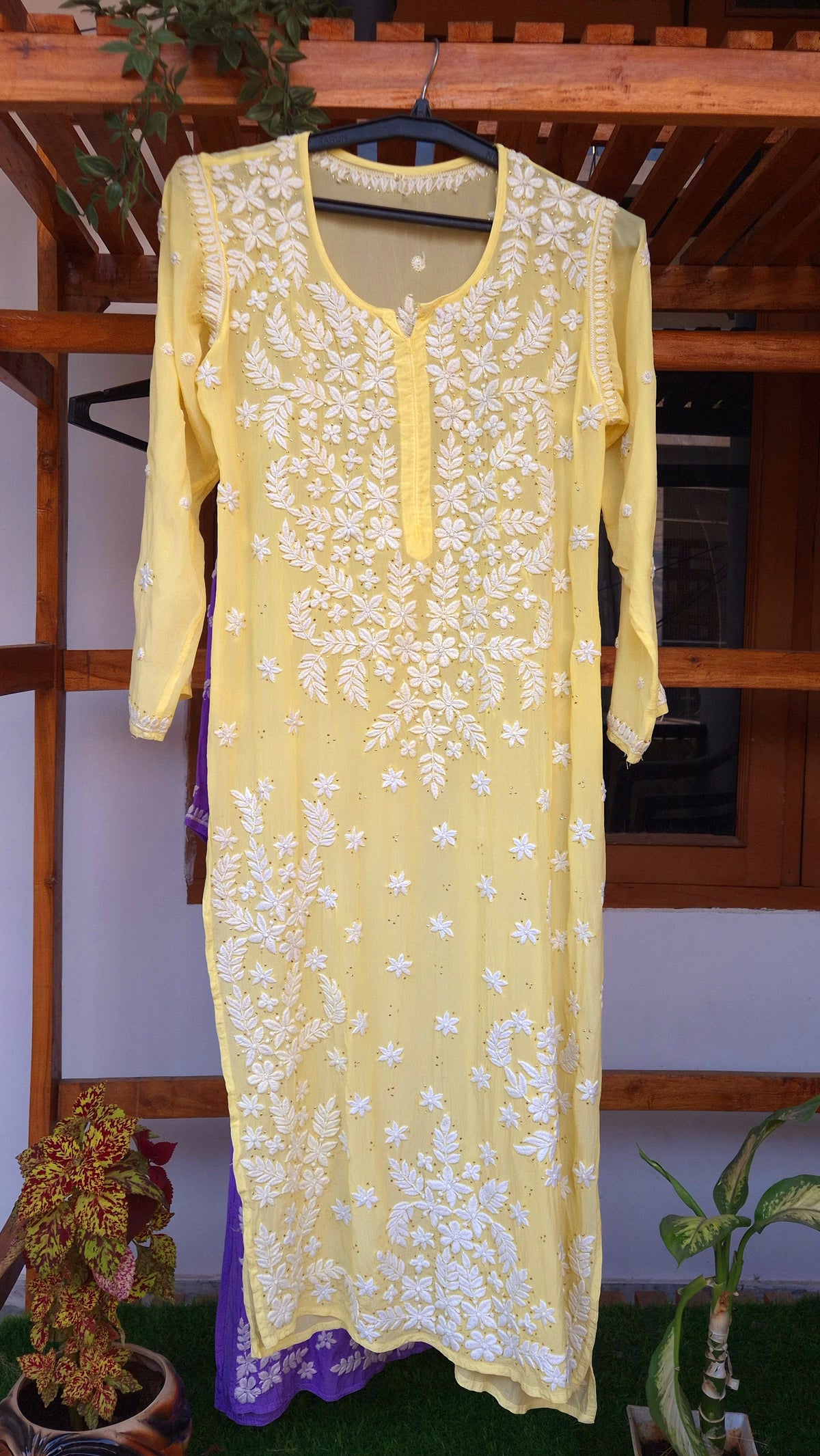 Sunshine yellow handmade silk chikankari long kurti with mukaish embroidery by LVW Fashions, featuring intricate Lucknow chikankari design.