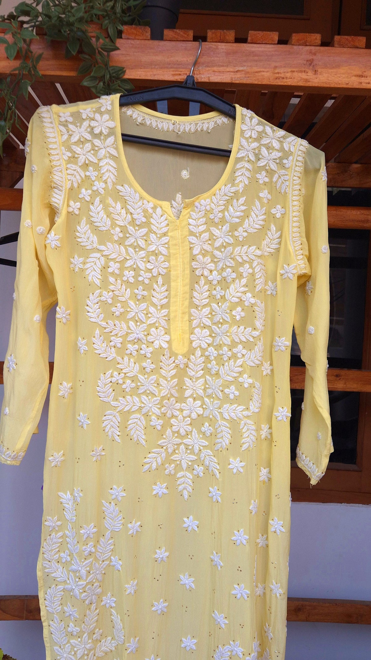 Sunshine yellow premium silk Chikankari long Kurti with mukaish detailing by LVW Fashions, handmade Lucknow Chikankari, natural elegance.