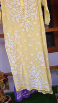 Sunshine yellow silk long Kurti with intricate Lucknow Chikankari and Mukaish embroidery by LVW Fashions, handmade Indian ethnic wear.