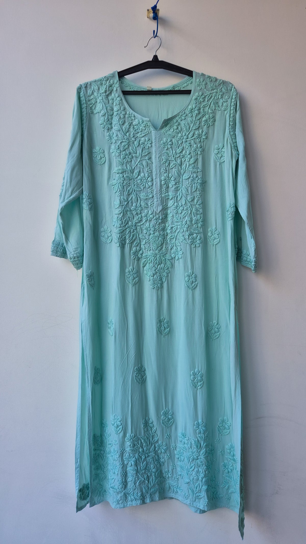 Teal premium modal chikankari kurti by LVW Fashions, long, soft, non-transparent, handmade Lucknow chikankari kurta in XXS size