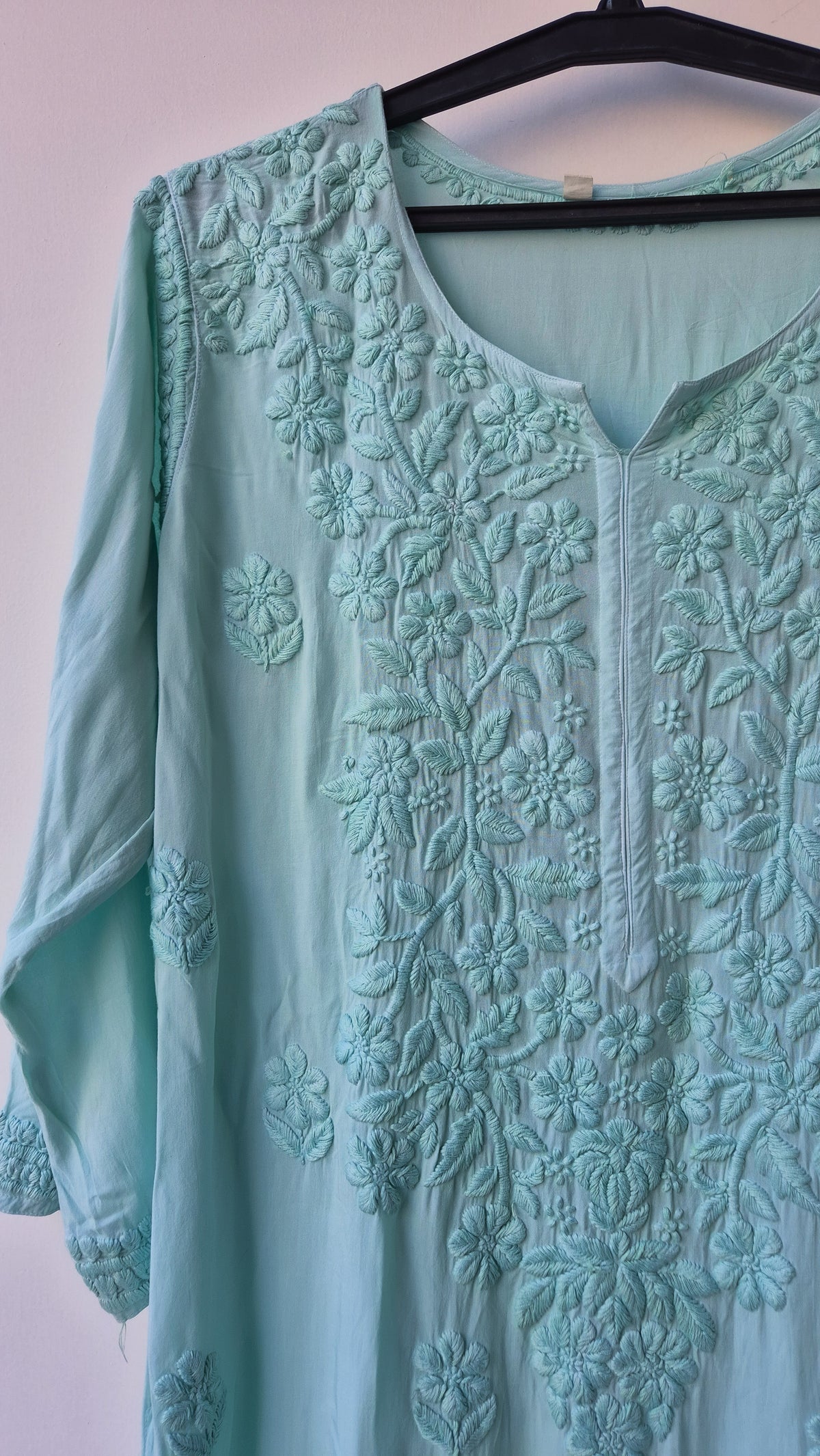 Teal premium modal long Chikankari kurti by LVW Fashions, handmade Lucknow Chikankari, soft non-transparent fabric, traditional style.