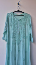 Teal premium modal long Chikankari kurti by LVW Fashions, handmade Lucknow Chikankari, soft non-transparent fabric, long traditional design.