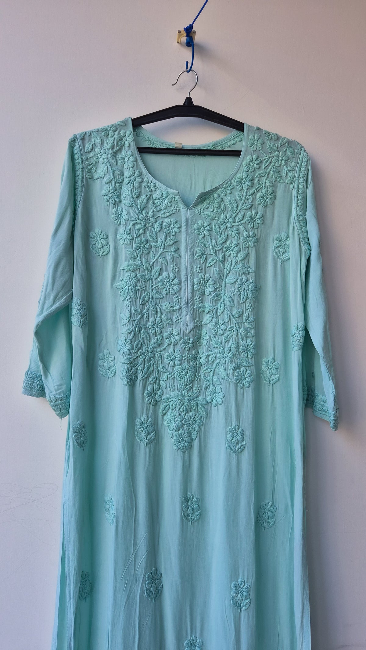 Teal premium modal long Chikankari kurti by LVW Fashions, handmade Lucknow Chikankari, soft non-transparent fabric, long traditional design.
