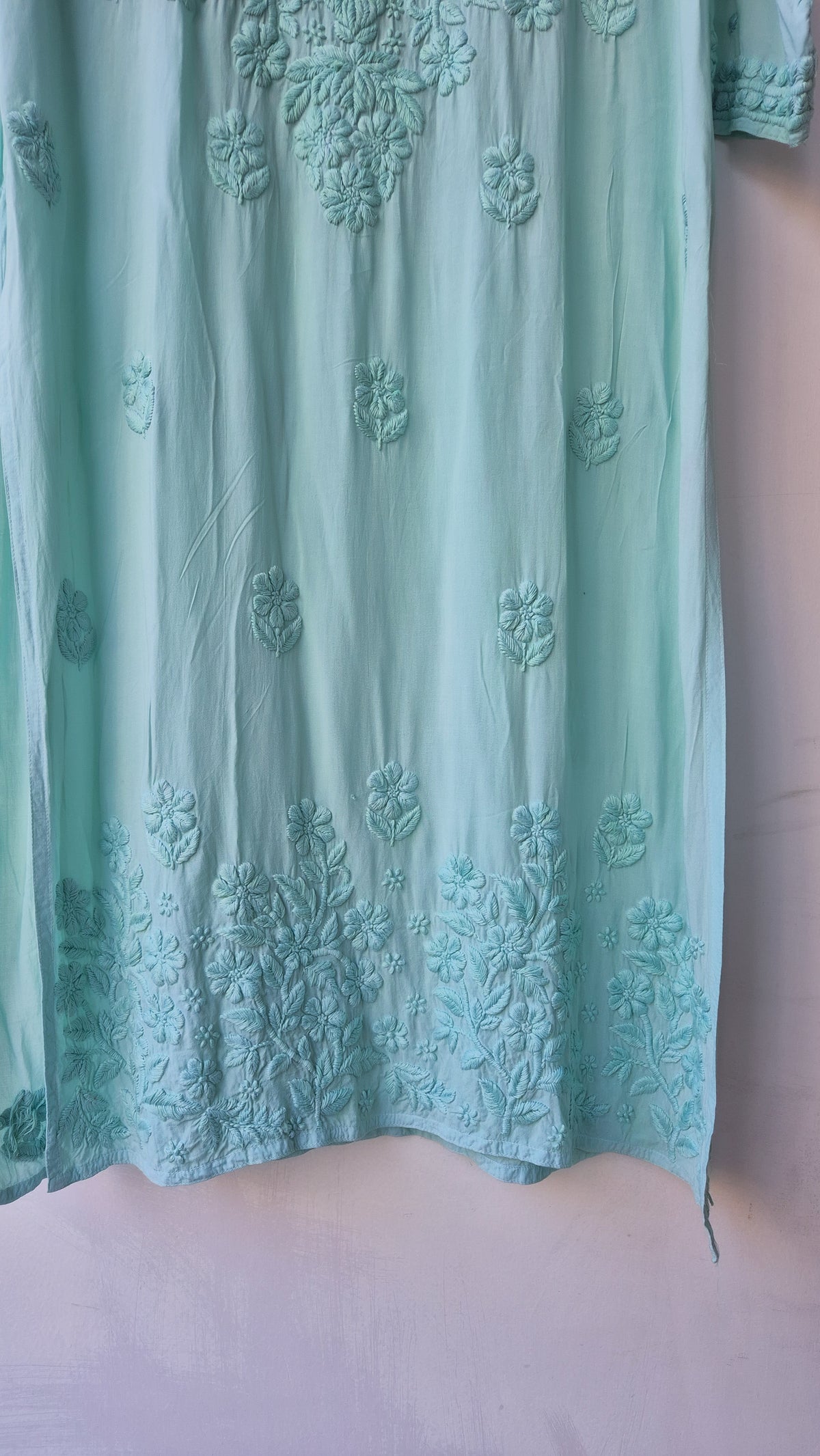 Teal premium modal long Chikankari kurti by LVW Fashions, soft non-transparent handmade Lucknow Chikankari kurta.