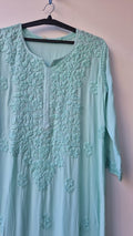 Teal premium modal long Chikankari kurti by LVW Fashions, handmade Lucknow chikankari, soft non-transparent fabric, elegant traditional style.