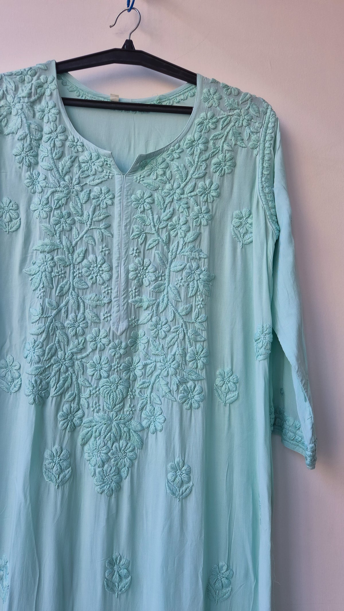 Teal premium modal long Chikankari kurti by LVW Fashions, handmade Lucknow chikankari, soft non-transparent fabric, elegant traditional style.