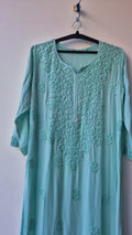 Teal premium modal long Chikankari kurti by LVW Fashions, handmade Lucknow chikankari, soft non-transparent fabric, stylish and elegant.