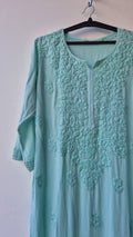Teal premium modal long Chikankari kurti by LVW Fashions, handmade Lucknow embroidery, soft non-transparent fabric, long kurta style.