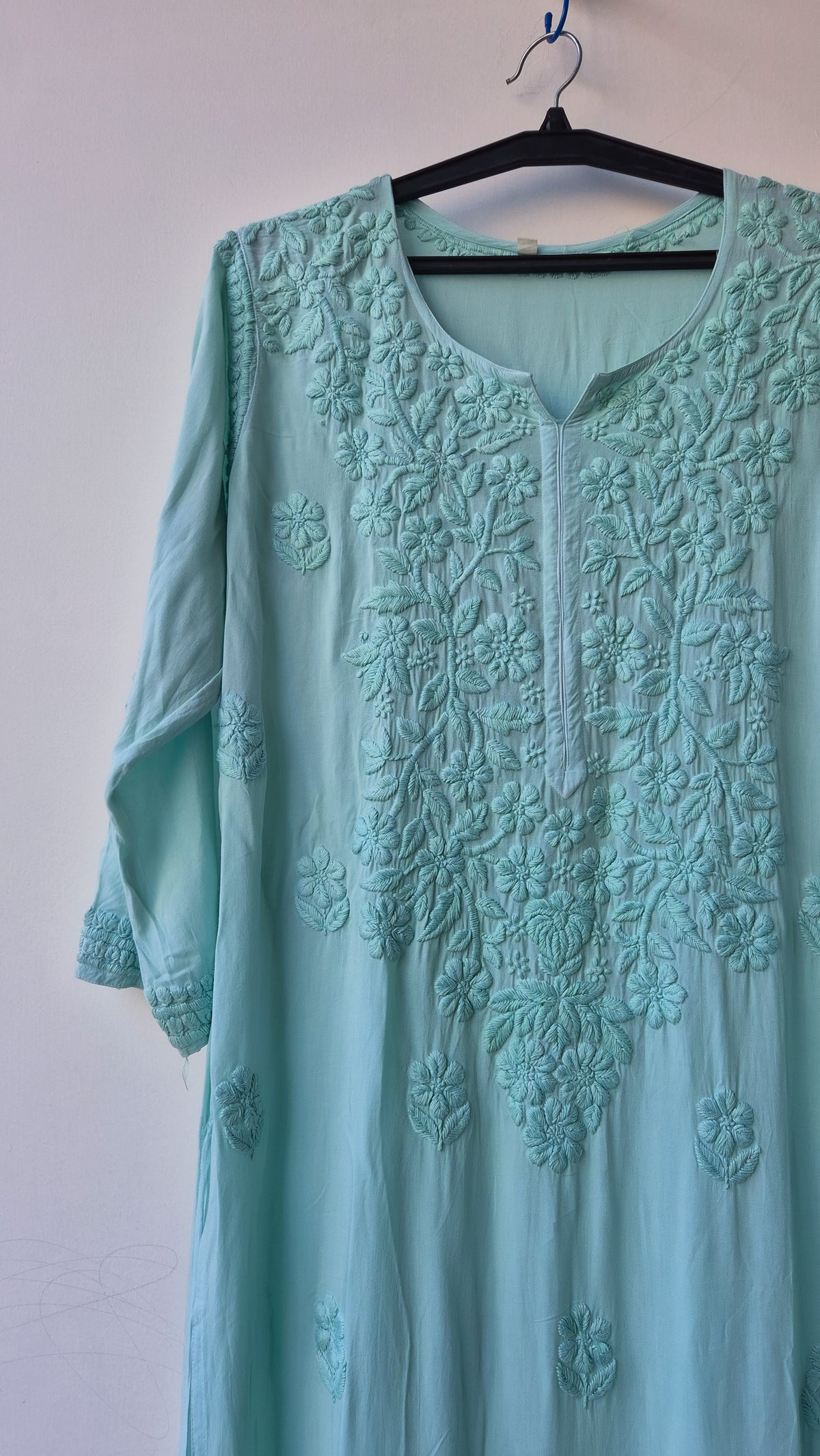 Teal premium modal long Chikankari kurti by LVW Fashions, handmade Lucknow embroidery, soft non-transparent fabric, long kurta style.