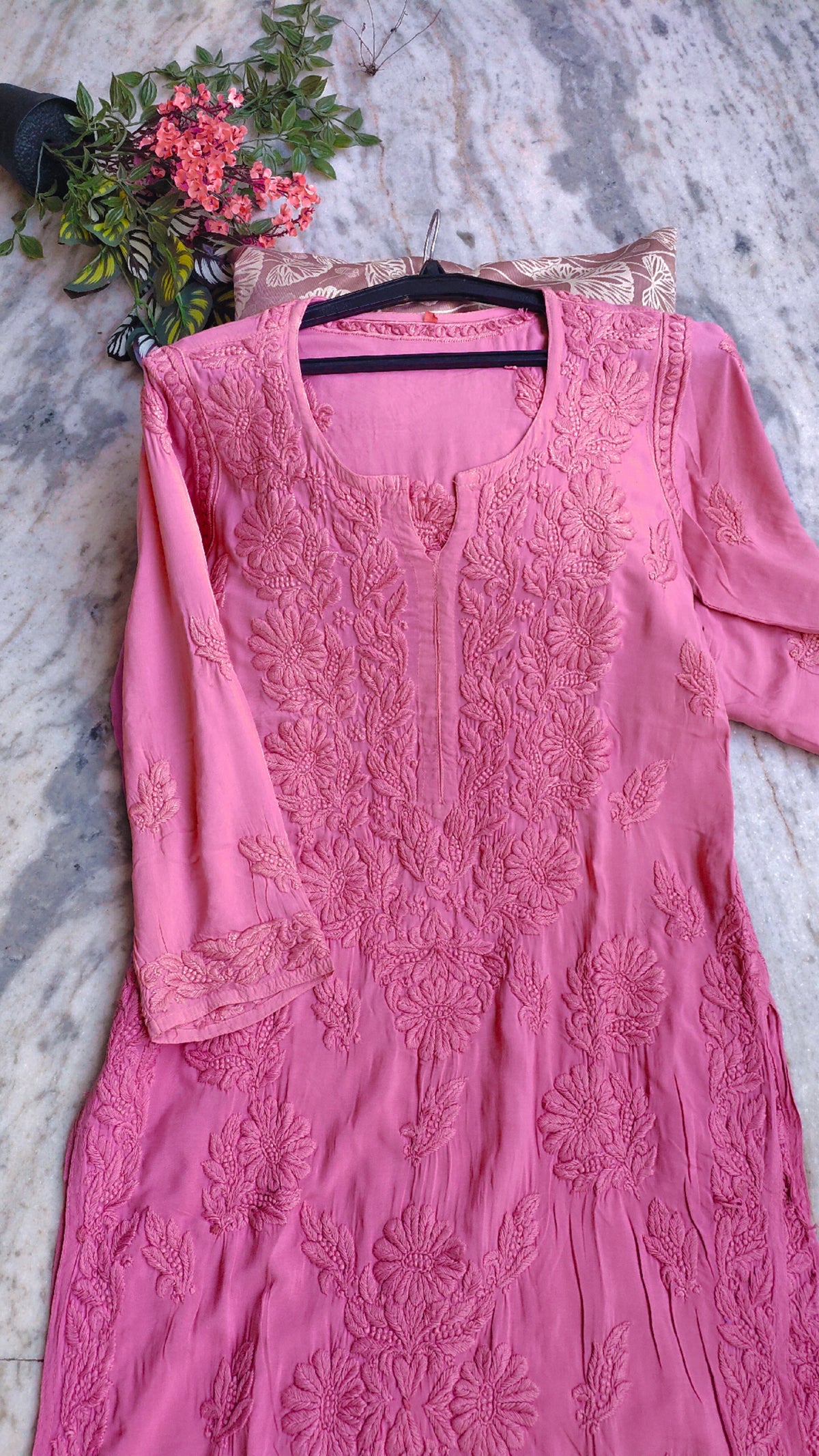 Thulian pink premium soft modal long kurta with luxurious Lucknow chikankari embroidery by LVW Fashions, handmade and elegant.