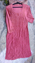 Thulian Pink LVW Fashions handmade Chikankari long kurta with luxurious embroidery in soft modal fabric, traditional Lucknow style.