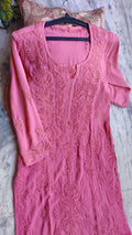 Thulian pink premium soft modal long kurta with luxurious Lucknow chikankari embroidery, handmade by LVW Fashions.