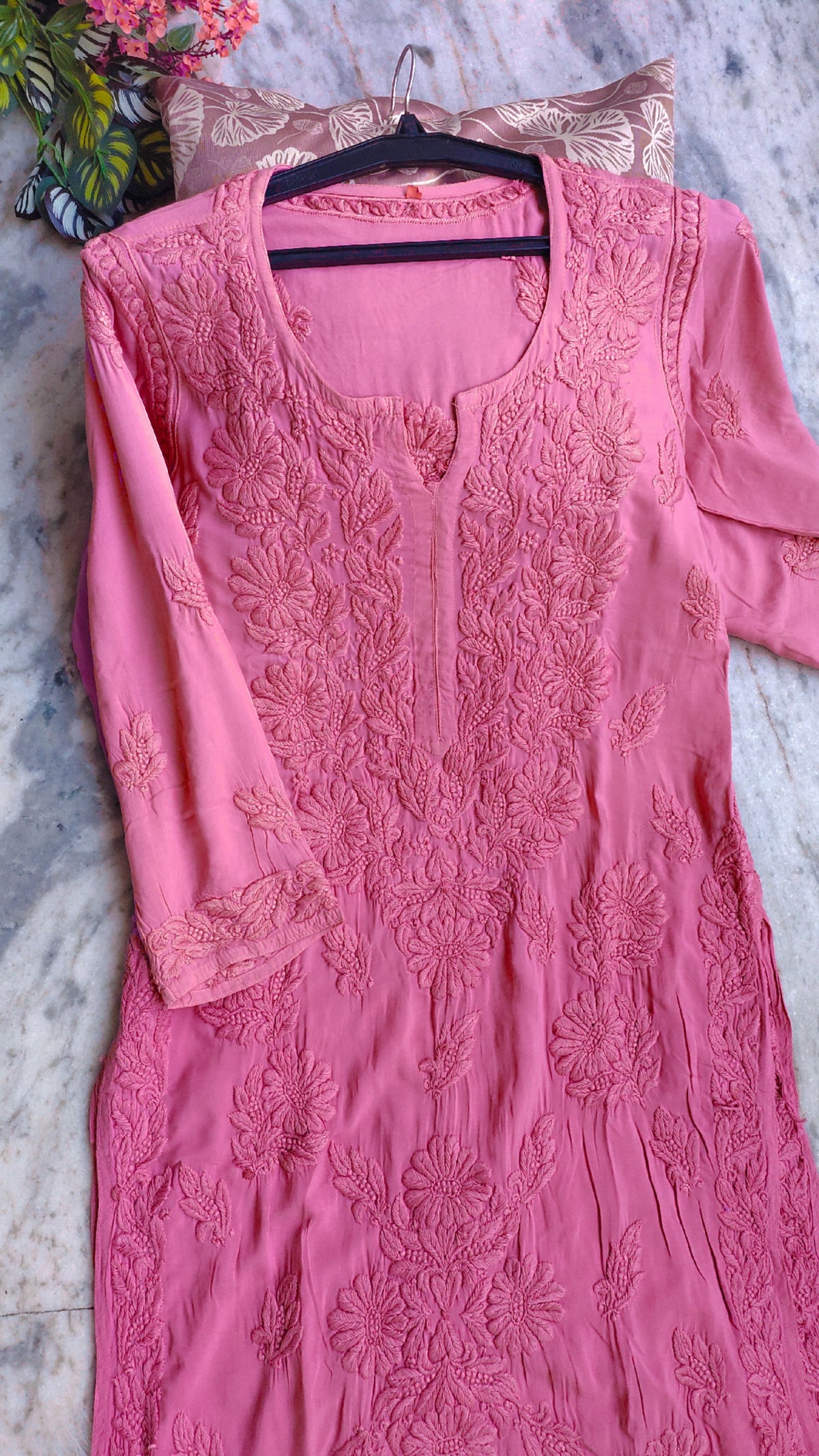 Thulian pink luxury long kurta by LVW Fashions, handmade modal chikankari with intricate embroidery from Lucknow.