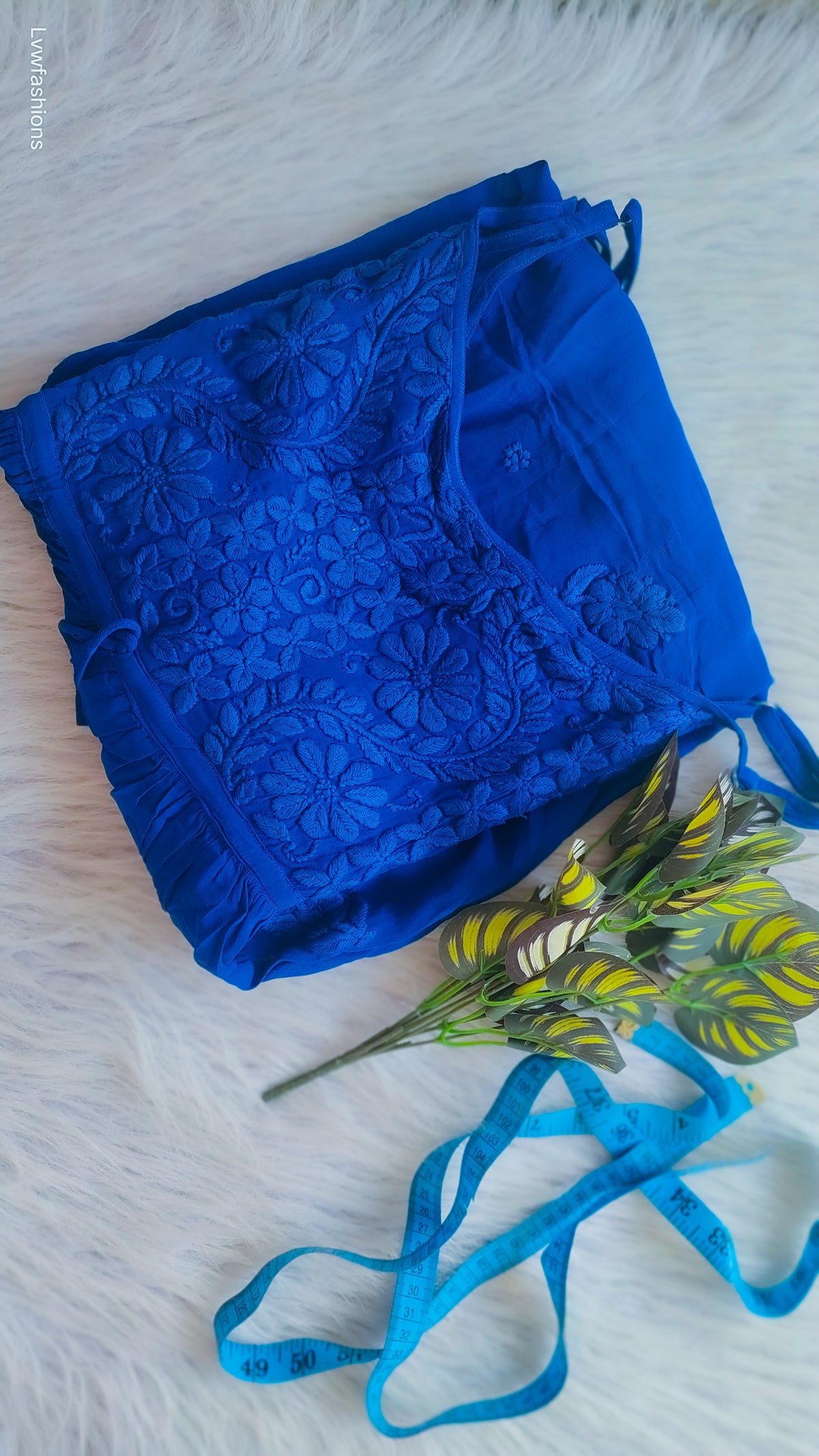 Blue Tulip Denim premium Georgette tunic by LVW Fashions, handmade Lucknow Chikankari kurta with intricate embroidery.