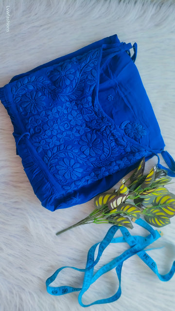 Blue Tulip Denim premium Georgette tunic by LVW Fashions, handmade Lucknow Chikankari kurta with intricate embroidery.