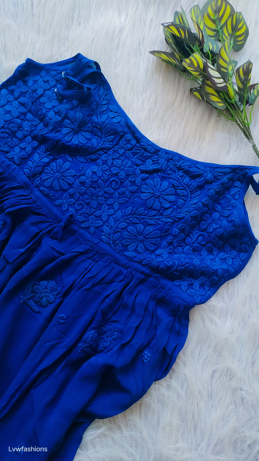 Blue Tulip Denim Premium Georgette Tunic by LVW Fashions featuring intricate Lucknow Chikankari embroidery.