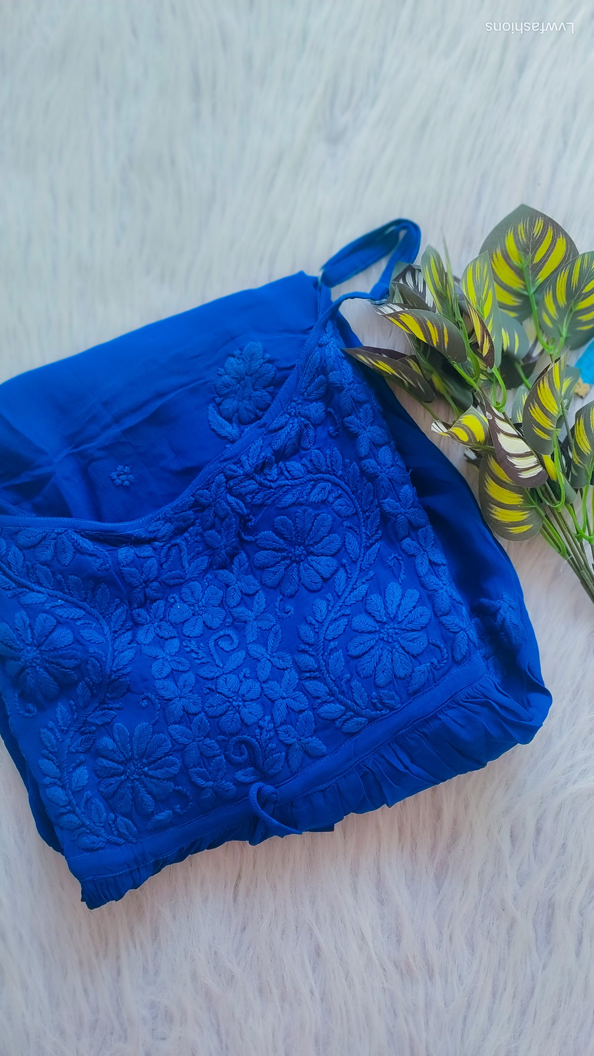 Blue Tulip Denim Premium Georgette Tunic by LVW Fashions, handmade Lucknow Chikankari kurta with intricate embroidery.