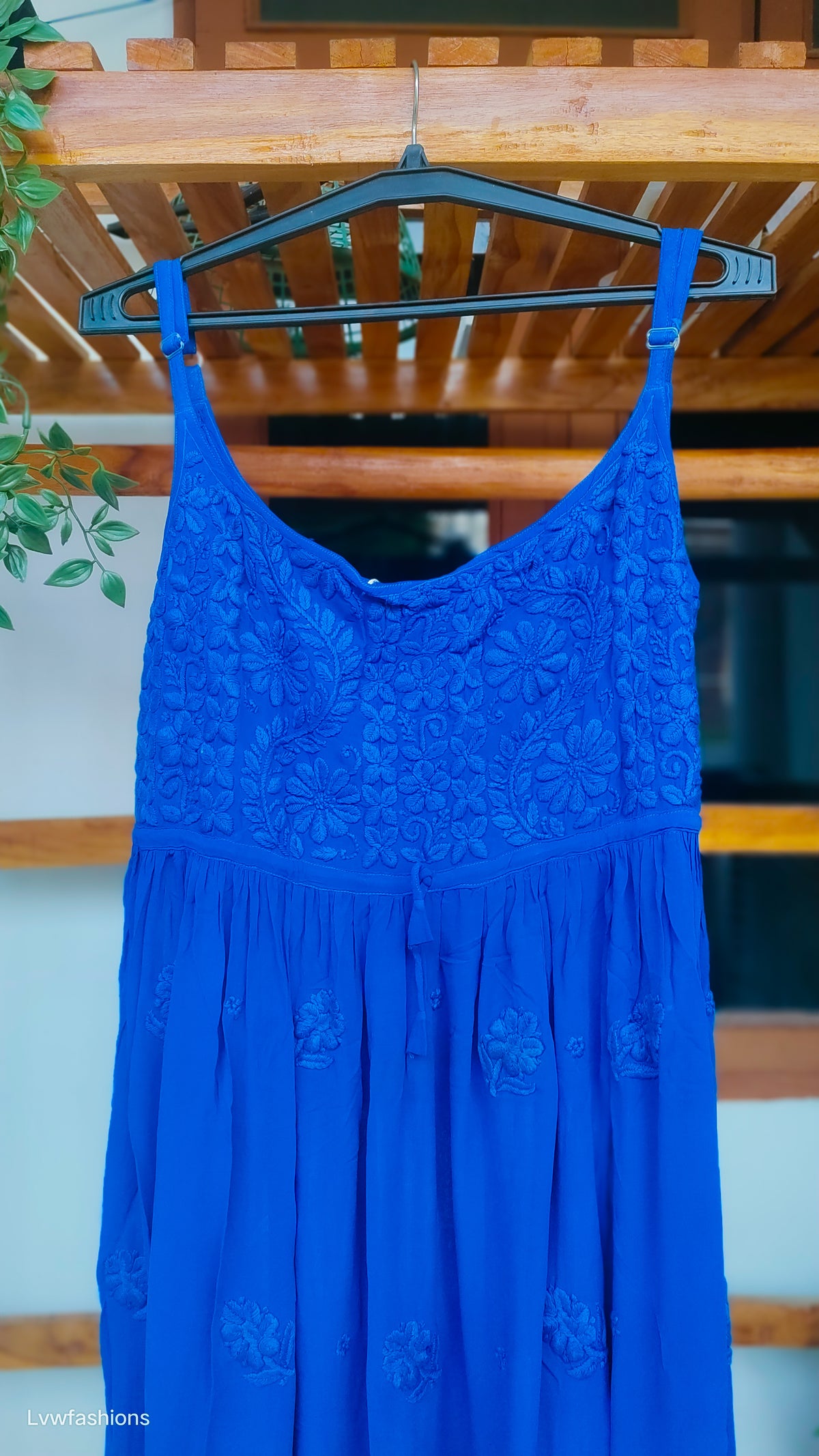 Blue Tulip Denim Premium Georgette Tunic by LVW Fashions featuring intricate handmade Lucknow Chikankari embroidery.