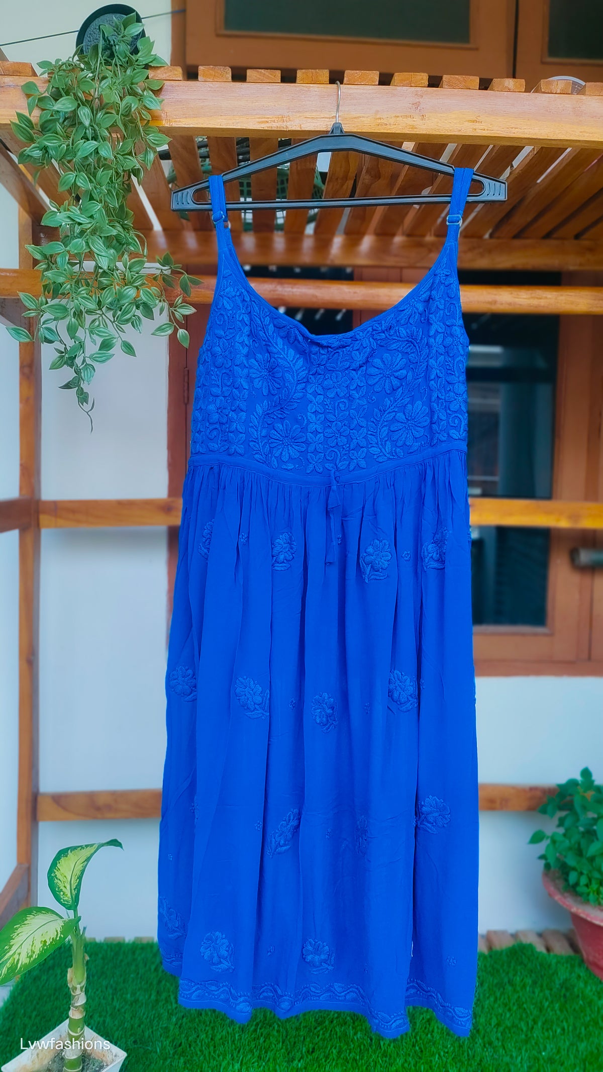 Blue Tulip Denim Premium Georgette Tunic featuring handmade Lucknow Chikankari kurta by LVW Fashions.