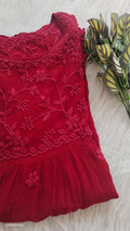 Red Tulip Premium Georgette short tunic with intricate side Chikankari embroidery from LVW Fashions, handmade Lucknow Chikankari kurta