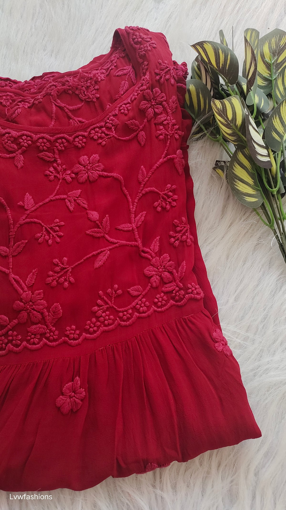 Red Tulip Premium Georgette short tunic with intricate side Chikankari embroidery from LVW Fashions, handmade Lucknow Chikankari kurta
