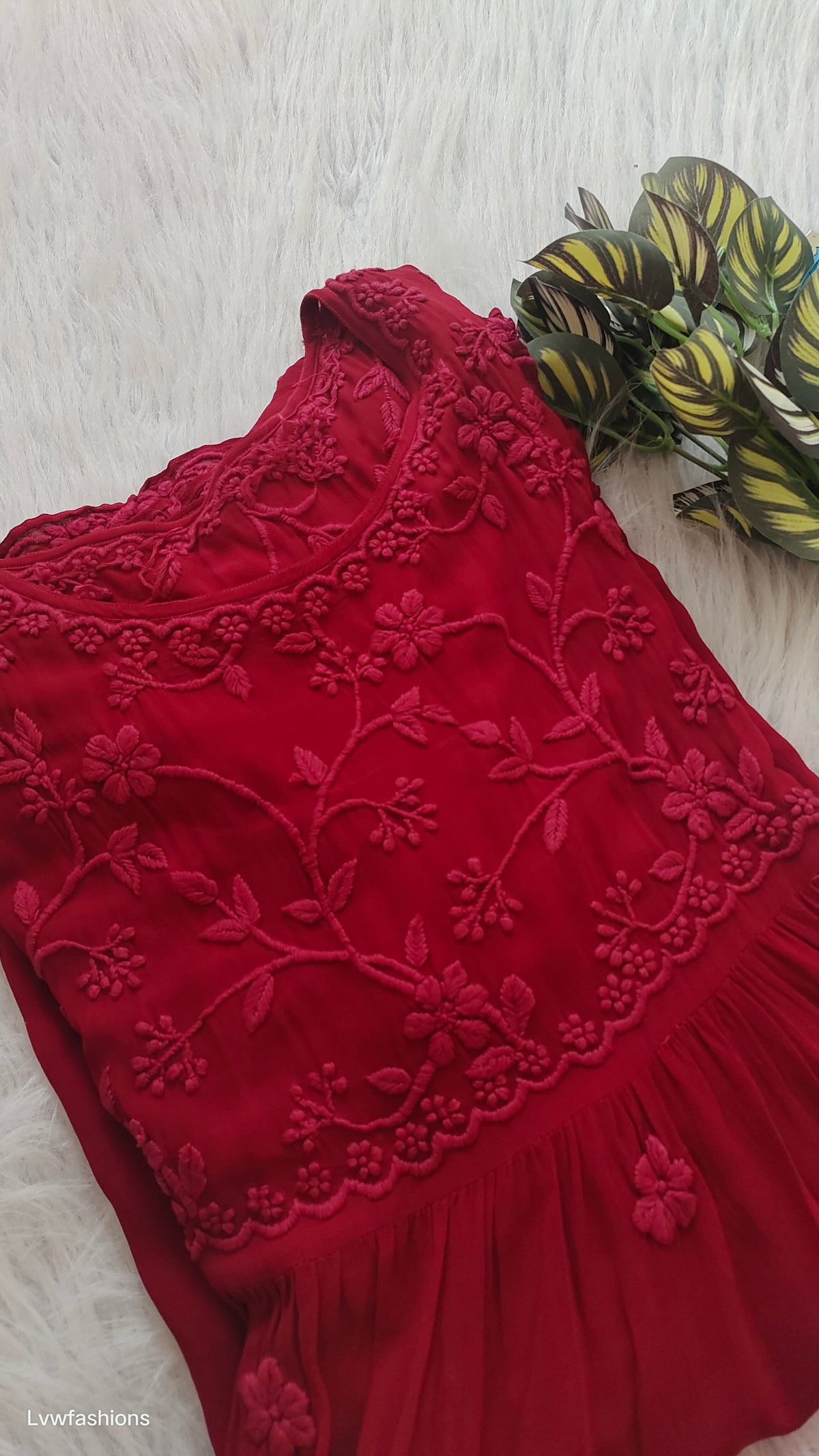 Red Tulip Premium Georgette short tunic with intricate side Chikankari embroidery, handmade Lucknow Chikankari by LVW Fashions.