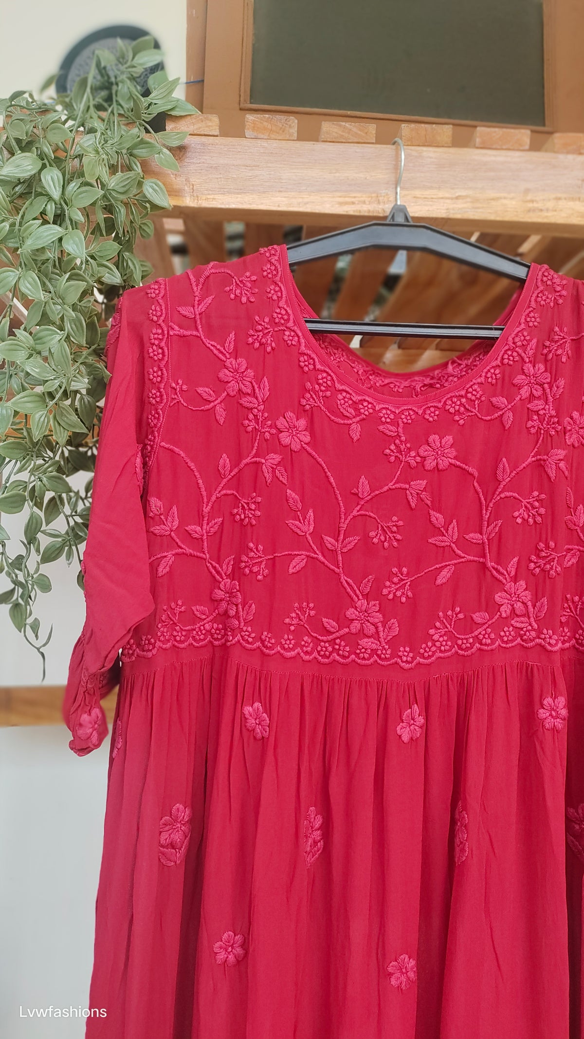 Red Tulip Premium Georgette short tunic by LVW Fashions with intricate side Chikankari embroidery, handmade Lucknow Chikankari kurta.