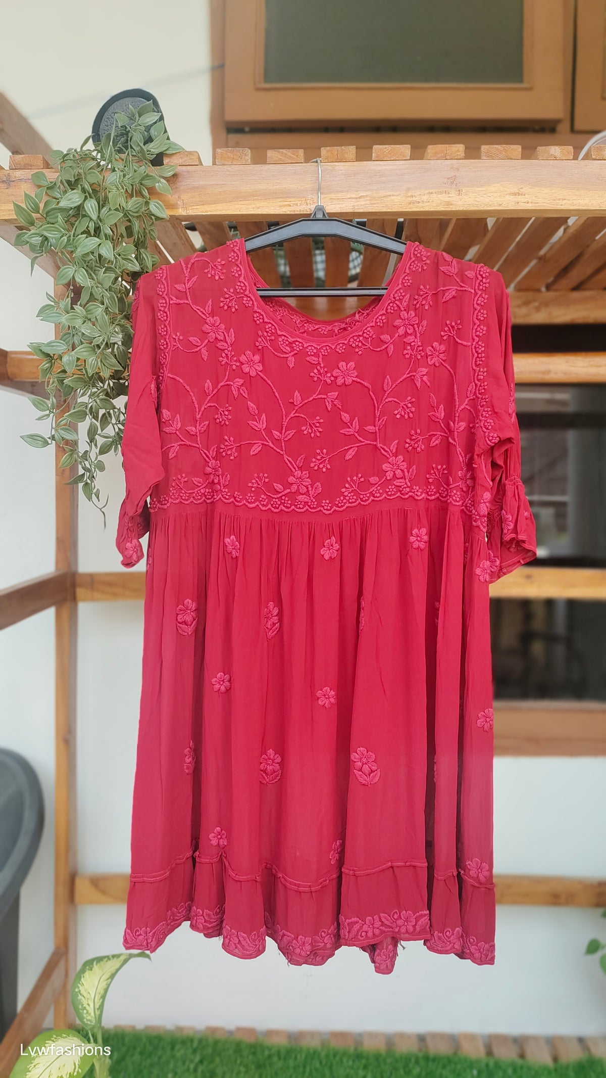 Red Tulip Premium Georgette short tunic by LVW Fashions with intricate both-side Chikankari embroidery, handmade Lucknow Chikankari kurta.