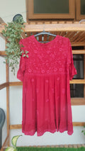 Red Tulip Premium Georgette short tunic by LVW Fashions with intricate both-side Chikankari embroidery, handmade Lucknow Chikankari kurta.