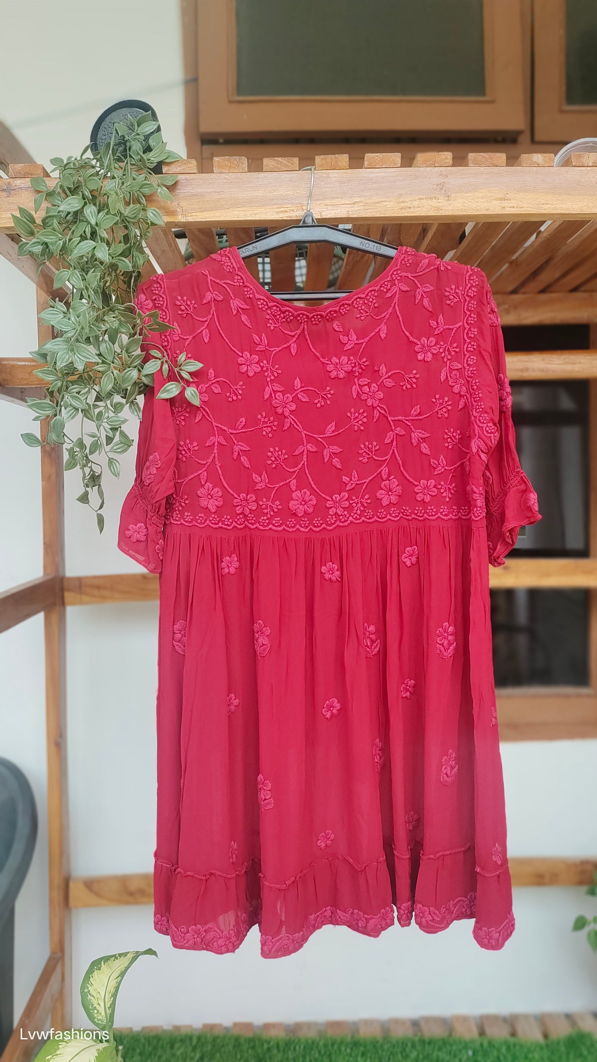 Red Tulip Premium Georgette short tunic by LVW Fashions with intricate both-side Chikankari embroidery, handmade Lucknow Chikankari kurta.