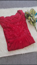Red Tulip Premium Georgette short tunic with intricate side Chikankari embroidery, handcrafted by LVW Fashions in Lucknow.