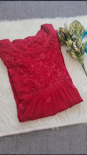 Red Tulip Premium Georgette short tunic with intricate side Chikankari embroidery, handcrafted by LVW Fashions in Lucknow.