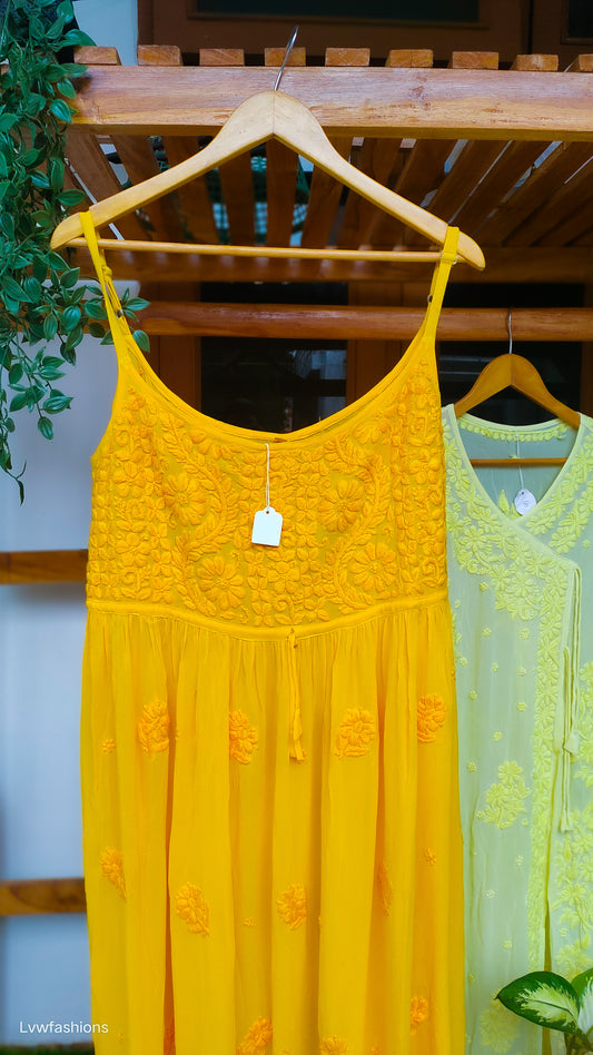 Handmade Tulip Tunic by LVW Fashions in premium Georgette with intricate Chikankari embroidery and adjustable straps.