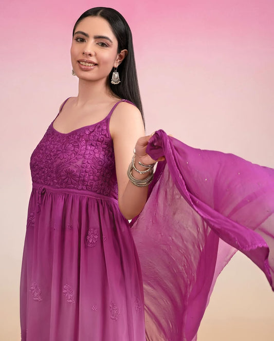 Handmade Tulip Tunic by LVW Fashions in premium Georgette with intricate Chikankari embroidery and adjustable straps.